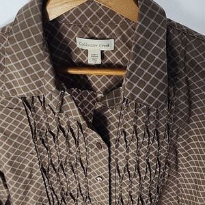 Pleated Smocked Soft Chocolate Brown Button Up Blouse Size PXL